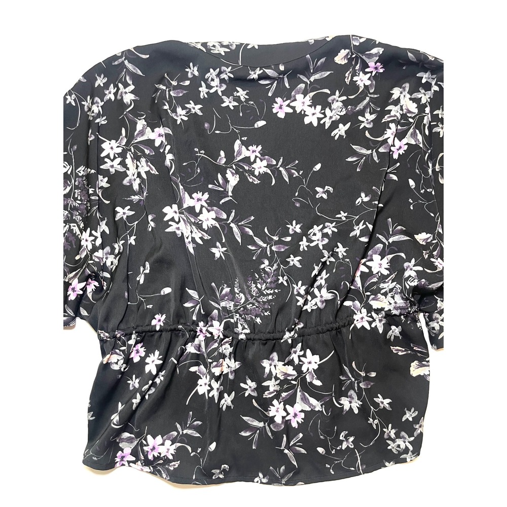 Express Floral Peplum Blouse Black Purple Open Front Tie Waist Top Small 0209 - Picture 6 of 6